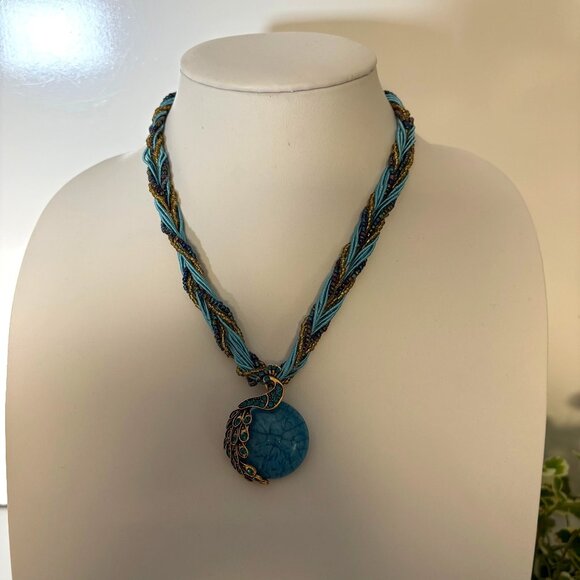 Blue Gold Tone Peacock Pendant Necklace Braided Beads Bohemian Statement NEW - Picture 2 of 7